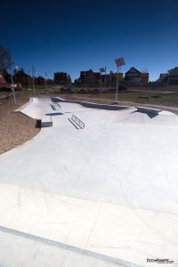 Concrete surface and obstacles in skatepark in Maniowy