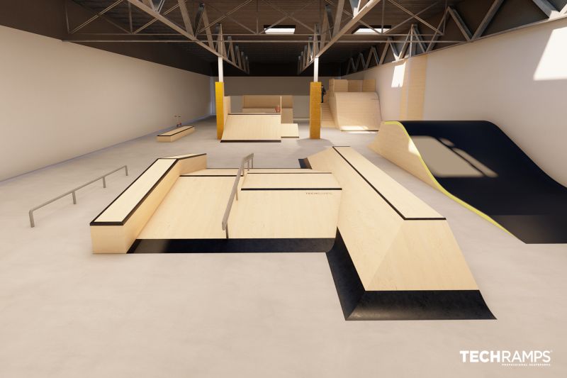 Wizualizacja ramp i platform w krytym skateparku EloPark