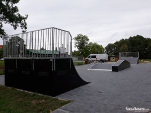 Wooden obstacles on skatepark in Orzysz