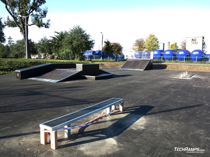 Wooden obstacles on skatepark in Piotrkow Kujawski
